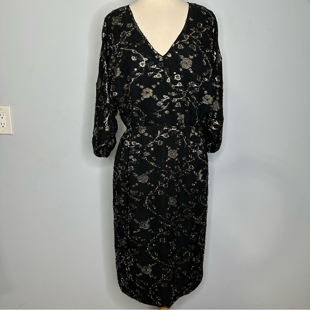 Mr. Blackwell Vintage Black With Gold Metallic Textured Dolman Sleeve Dress S/M